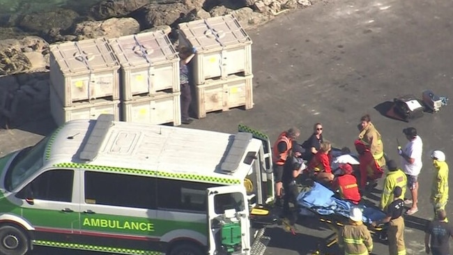 A person is carried to an ambulance after a seaplane has crashed into water at Rottnest Island, triggering a major emergency response off the Perth coast. Picture: ABC News