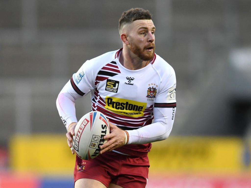 Jackson Hastings plays for Wigan Warriors against Salford Red Devils. (Photo by Gareth Copley/Getty Images)