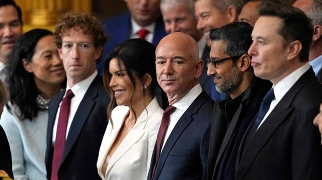 Meta chief Mark Zuckerberg, Jeff Bezos, Google boss Sundar Pichai and X owner Elon Musk at the inauguration ceremony. Picture: AFP