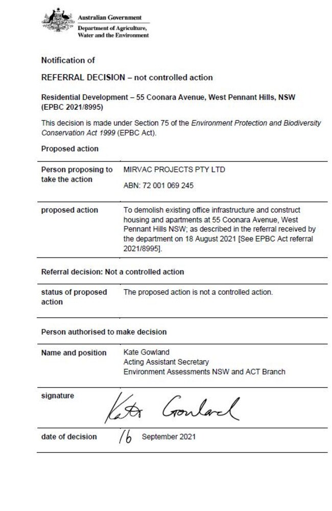 A referral decision by the Department of Environment, dated September 16, states the proposed demolition at 55 Coonara Ave is “not a controlled action”