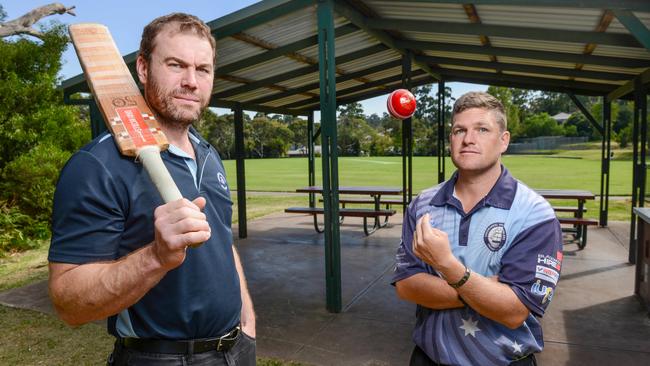 Coromandel Valley Cricket Club players Matt Smith and Colin Farrell at the shelter that is their A.R. Benson Pavillion club rooms at Waymouth Oval. Picture: Brenton Edwards