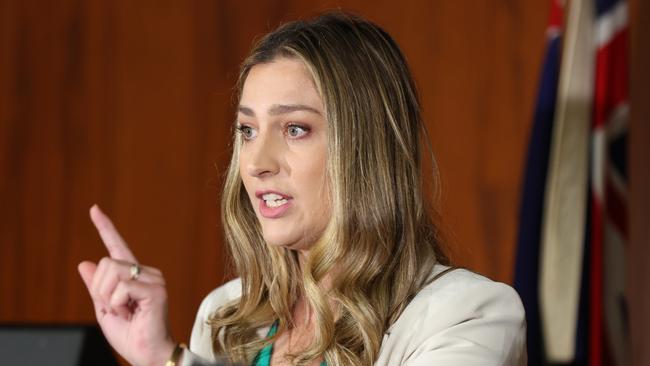 Shadow Minister for Youth Justice Laura Gerber talks at a press conference at Parliament House on Sunday morning. Picture Lachie Millard