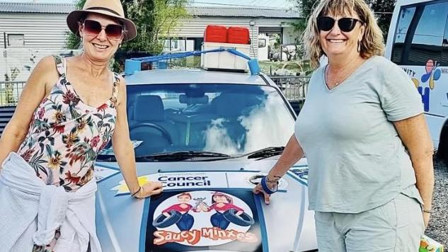 Leanne lloyd and Fiona Jeff, team Saucy Minxes - first timers on the 2023 Newcastle to Townsville Shitbox Rally. Supplied.