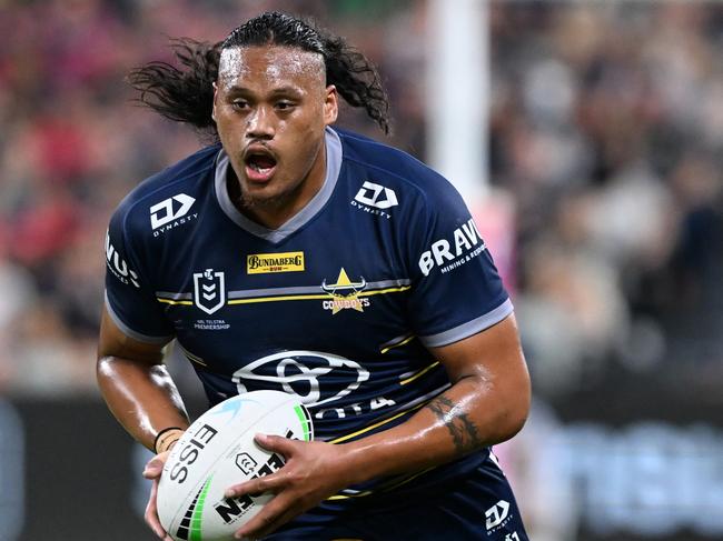 TOWNSVILLE, AUSTRALIA - SEPTEMBER 23: Luciano Leilua of the Cowboys runs the ball during the NRL Preliminary Final match between the North Queensland Cowboys and the Parramatta Eels at Queensland Country Bank Stadium on September 23, 2022 in Townsville, Australia. (Photo by Bradley Kanaris/Getty Images)