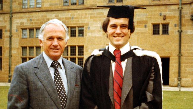 A young Malcolm Turnbull with his father, Bruce Turnbull, following his graduation from a Bachelor of Arts, Bachelor of Law degree at Sydney University. Photo: File