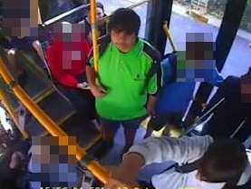 Screen grab from CCTV footage shows Perth schoolboy Cassius Turvey, 15 (bright green shirt) with friends aboard a bus in the moments before he was attacked and killed. Picture: Supplied