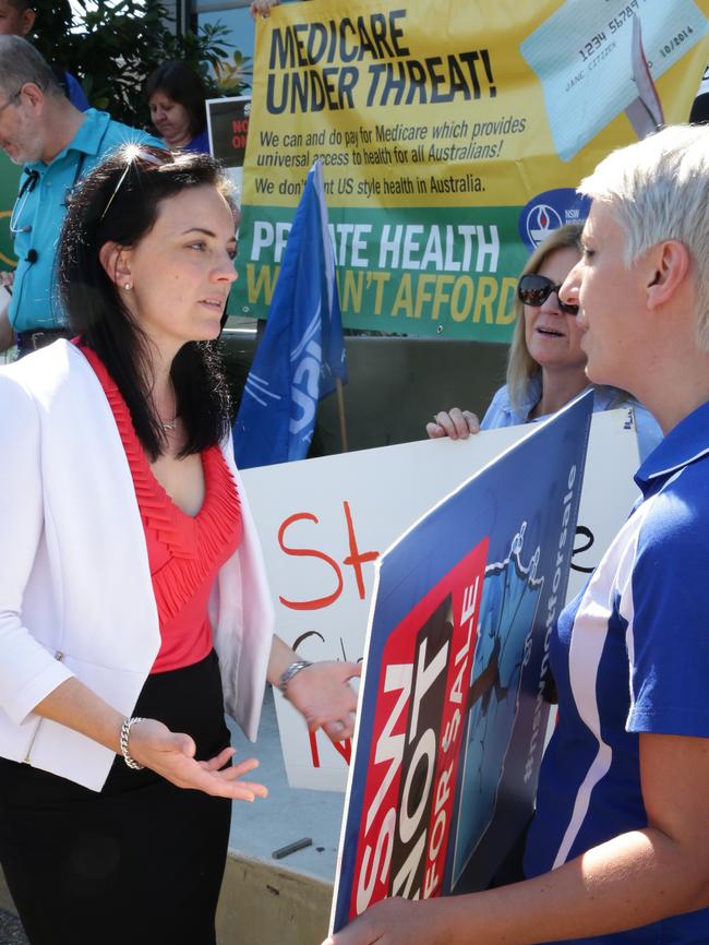 Then Lindsay Labor candidate Emma Husar outside Nepean Hospital with union members, protesting health funding cuts.