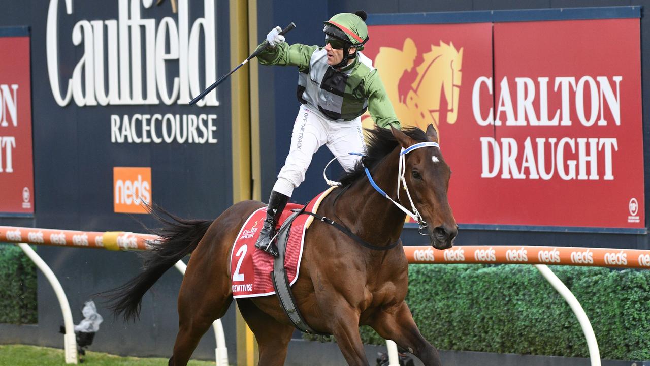 Brett Prebble saluted with Incentivise in the Caulfield Cup. (Photo by Vince Caligiuri/Getty Images)