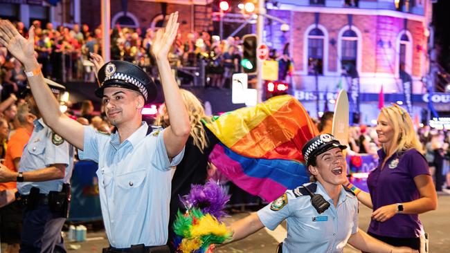 Beau Lamarre-Condon, left, took part in the 42nd annual Gay and Lesbian Mardi Gras parade in Sydney in 2020.