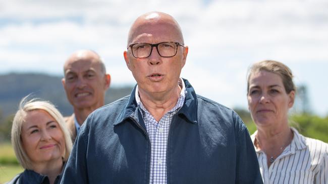 TASMANIA, AUSTRALIA – NewsWire Photos – Sunday, 10 November 2024: Leader of the Opposition Peter Dutton speaks to media at Littlewood Berry Farm in Richmond, Tasmania. Picture: NewsWire / Linda Higginson