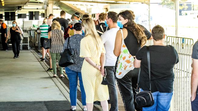 Walk-ins at the Covid-19 Vaccination clinic at Doomben racecourse in Brisbane. Picture: Richard Walker