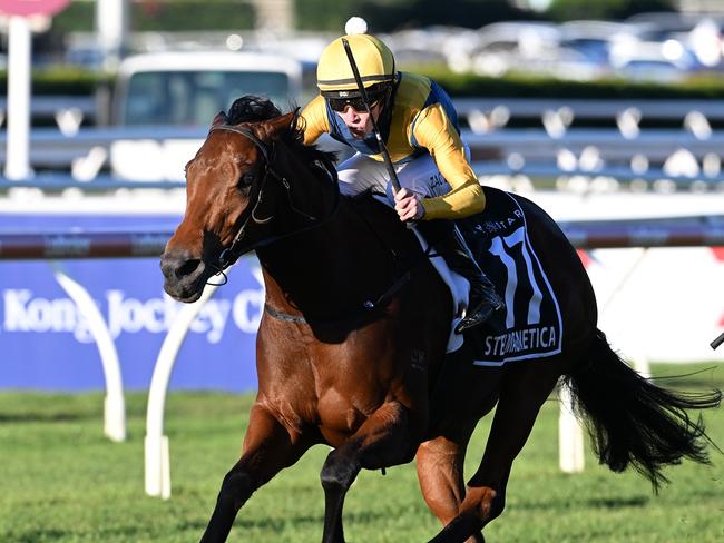 Zac Lloyd breaks through for his maiden Group 1 aboard Stefi Magnetica in the Stradbroke Handicap for trainer Bjorn Baker. Picture: Grant Peters - Trackside Photography.