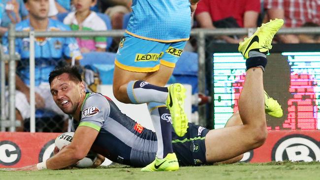 Jordan Rapana scores a try for the Raiders. Picture: Nigel Hallett