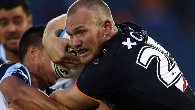 Matt Lodge of the Tigers in action during the NRL Trial Match between the Wests Tigers and the Cronulla Sharks at Campbelltown Sports Stadium on February 21. (Photo by Renee McKay/Getty Images)