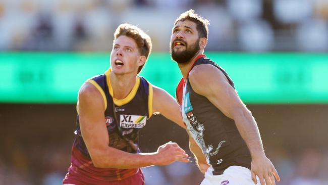 Brisbane Lions player Tom Fullarton and Paddy Ryder of St Kilda contest for the ball. Picture: Michael Klein