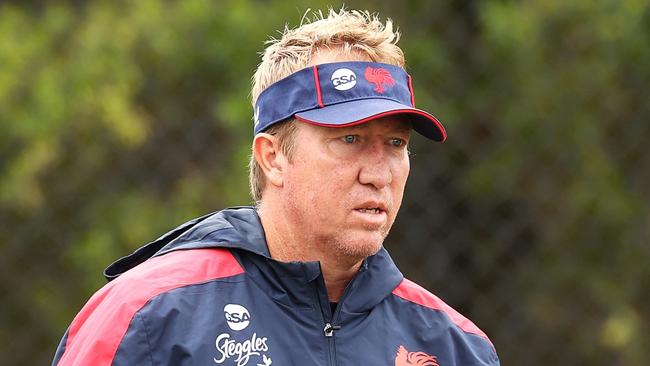 SYDNEY, AUSTRALIA - MARCH 07: Rooster head coach Trent Robinson speaks to Cooper Cronk during a Sydney Roosters NRL training session at Robertson Road Synthetic Field on March 07, 2022 in Sydney, Australia. (Photo by Mark Kolbe/Getty Images)