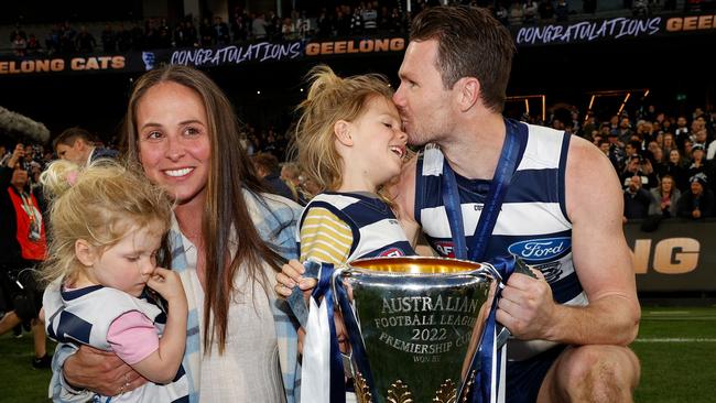 Dangerfield celebrating the Premiership with wife Mardi and children George and Felicity. Picture: Getty