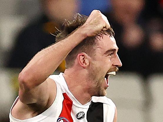 AFL Round15. Richmond v St Kilda at the MCG. 25/06/2021.   Daniel McKenzie of the Saints enjoys a 3rd qtr goal   .  Pic: Michael Klein