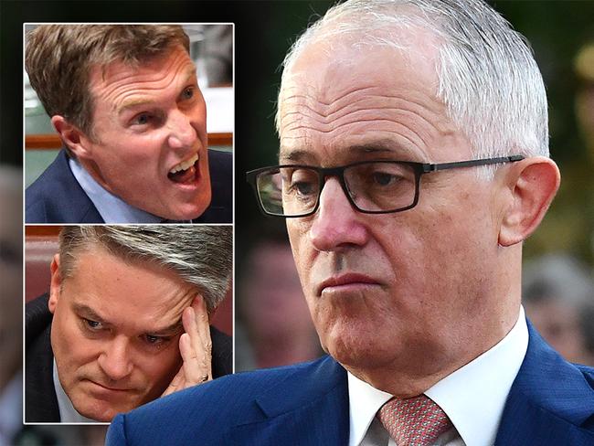 Former Prime Minister Malcolm Turnbull and (inset) Christian Porter and Mathias Cormann.