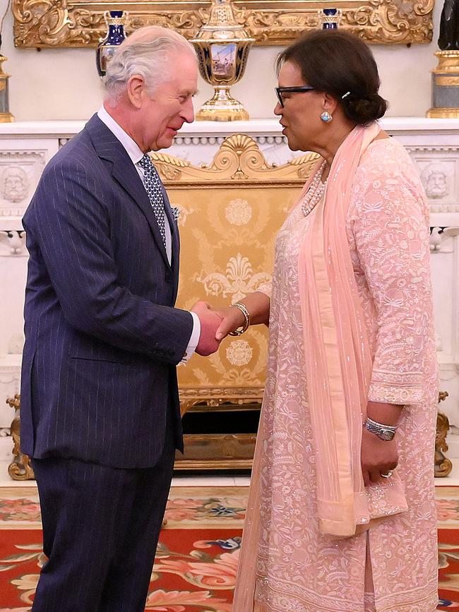 King Charles greets Commonwealth secretary-general Patricia Scotland on Monday. Picture: Getty Images