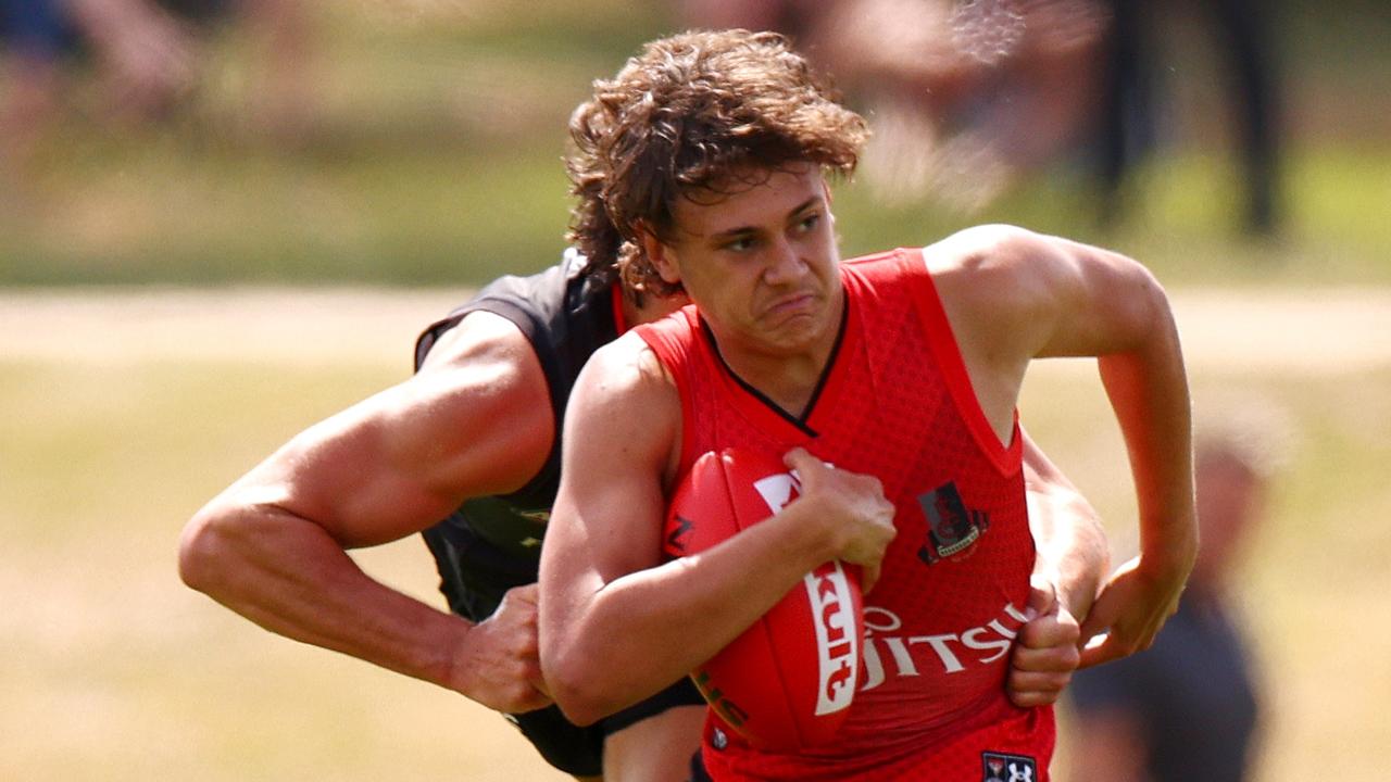 MELBOURNE, AUSTRALIA - FEBRUARY 16: Tex Wanganeen of the Bombers in action during an Essendon Bombers AFL intra club match at The Hangar on February 16, 2022 in Melbourne, Australia. (Photo by Jonathan DiMaggio/Getty Images)