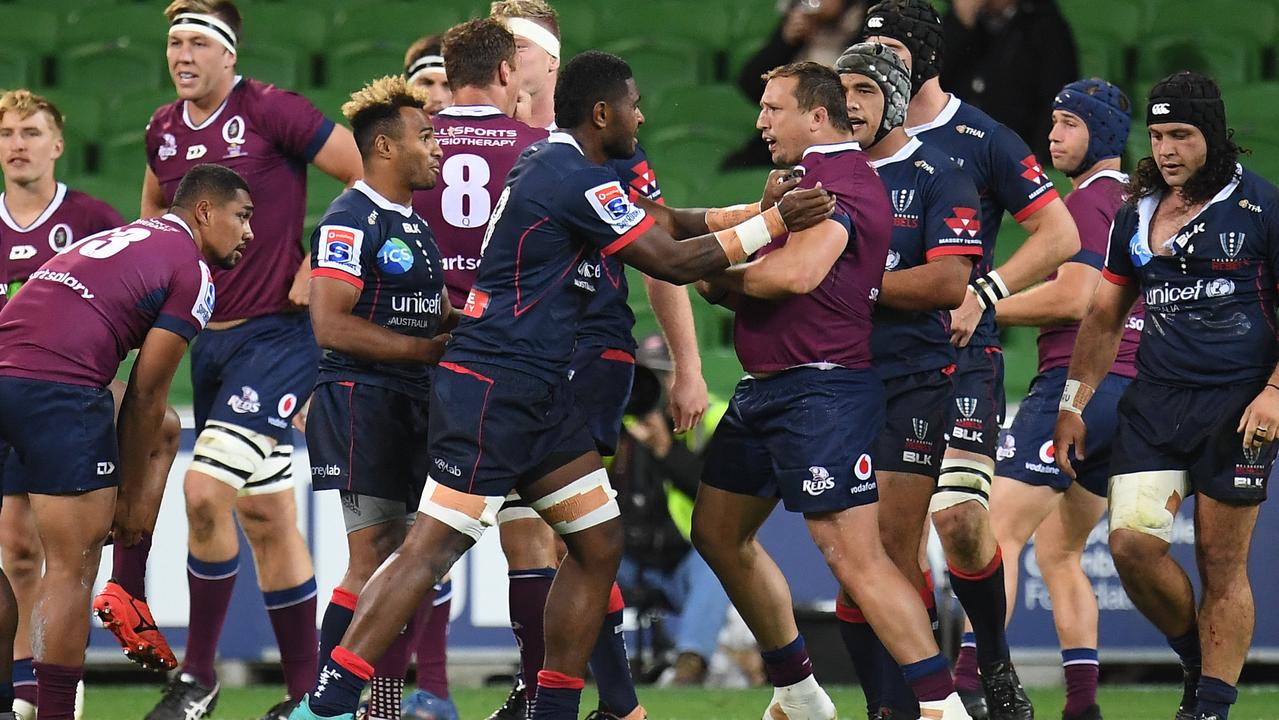 Rebels and Reds players scrap during the round 13 Super Rugby match.