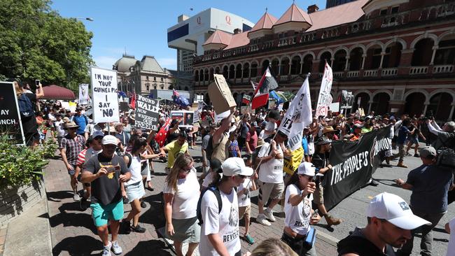 The Freedom Rally in the Brisbane CBD on Saturday. Picture: Annette Dew