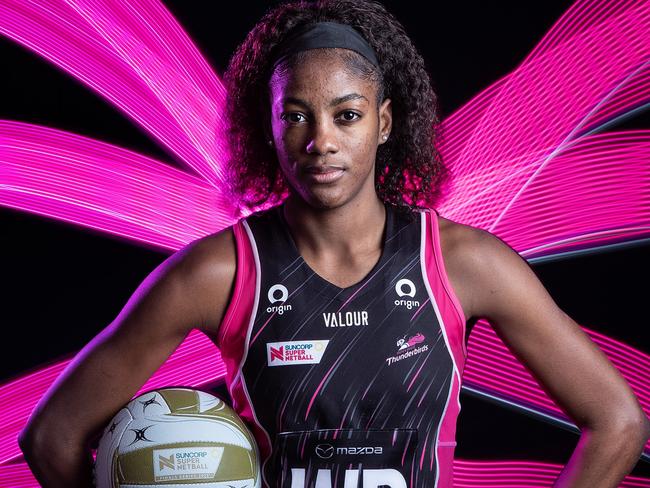 ADELAIDE, AUSTRALIA - JULY 04: Latanya Wilson of the Adelaide Thunderbirds poses during a portrait session at Netball SA on July 04, 2023 in Adelaide, Australia. The Thunderbirds will play the NSW Swifts in the 2023 Super Netball Grand Final this Saturday in Melbourne. (Photo by Sarah Reed/Getty Images)