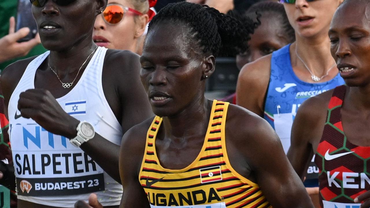 Cheptegei running in the women’s marathon at the World Athletics Championships in 2023. Photo by Ferenc ISZA / AFP