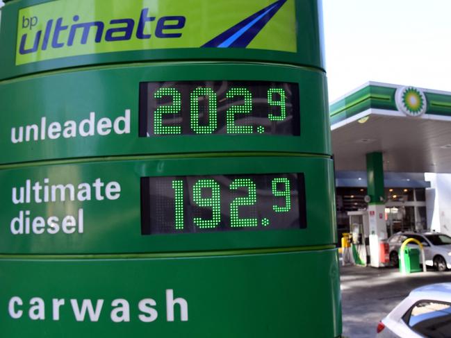 A sign outside a petrol station shows the price of petrol breaking through the $2 per litre mark in Melbourne on March 3, 2022. Picture: William West/AFP