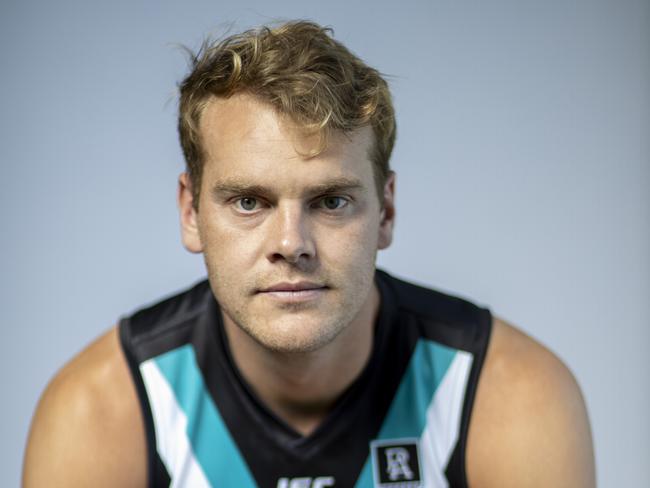 AFL Port Adelaide Player Jack Watts poses for a portrait at the Port Adelaide Football Club in Adelaide, Wednesday, February 26, 2020. (AAP Image/Kelly Barnes) NO ARCHIVING