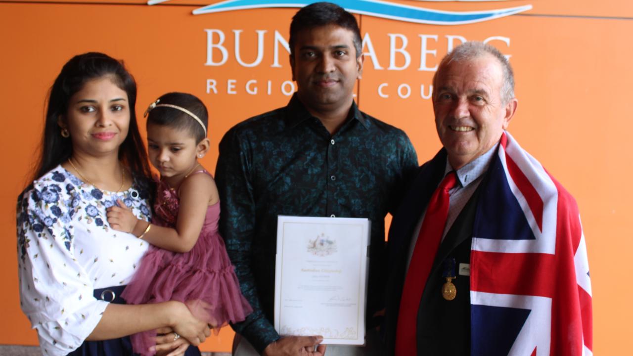 Johny George was congratulated by Councillor Vince Habermann at the 2024 Australian Citizenship Ceremony in Bundaberg.