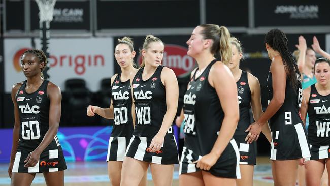 Magpies players look on after a loss. Picture: Kelly Defina/Getty Images