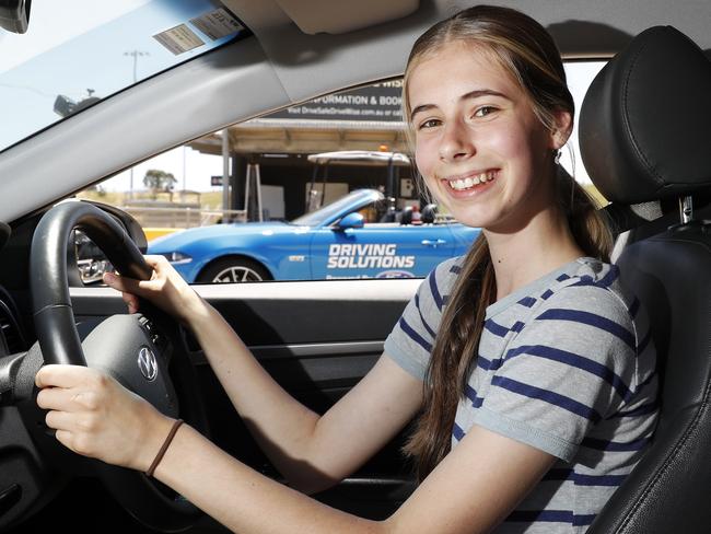 Learner driver Sarah Harris, 17, from Campbelltown taking part in a defensive driver training course at Sydney Motorsport Park at Eastern Creek. The course for young motorists helps them to make sure they are ready to handle being on the road by themselves. Picture: Jonathan Ng
