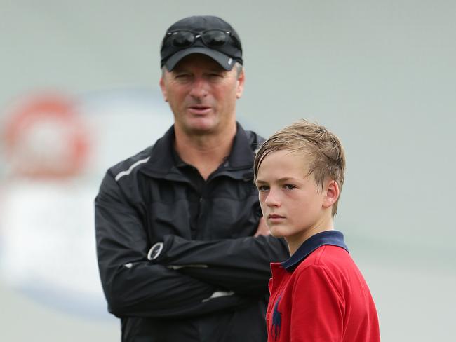 Former Australian captain Steve Waugh throws to his son Austin in the nets back in 2013.