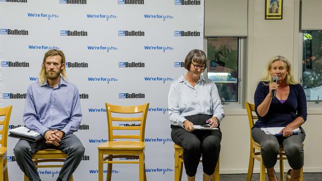 You Decided Gold Coast Bulletin Election Forums, . Divisions 13 and 14 held at the Burleigh Heads Mowbray Park SLSC. Division 13 candidates, Scott Wallace, Bern Young and Katrina Beikoff. The spare chair was for Cr Daphne McDonald. Picture: Jerad Williams.