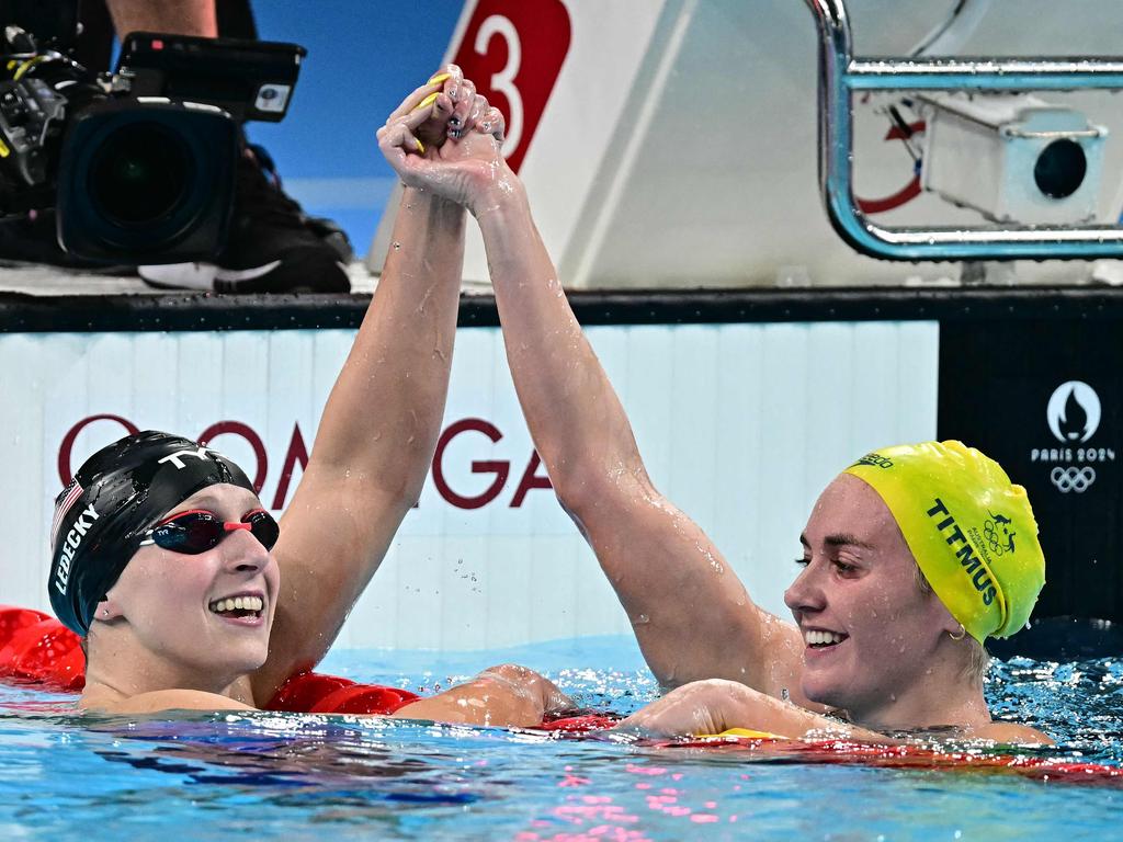 Katie Ledecky got home ahead of Ariarne Titmus in the 800m freestyle final. Picture: AFP