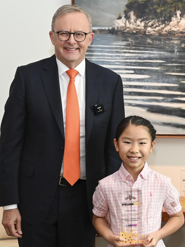 Green level champion (Years 3-4) category, Echo Feng asked the PM to spell astrophysicist. Picture: NewsWire / Martin Ollman