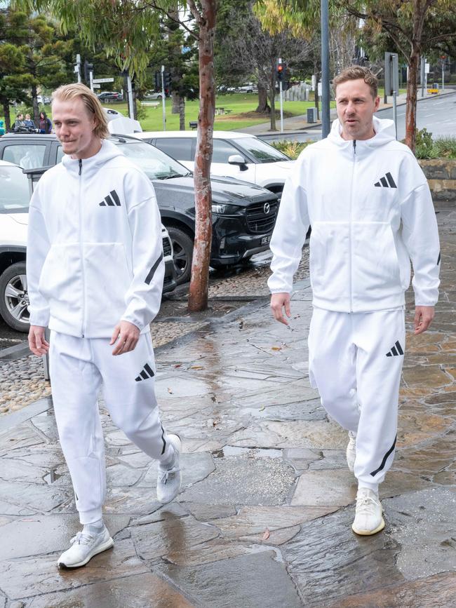 7. Zach Guthrie and Mitch Duncan in Adidas tracksuits. Picture: Brad Fleet