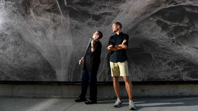 Adelaide Symphony Orchestra violinist Julia Brittain and artist Michael Kutschbach with his work titled “fuliguline” on the digital screen at the Adelaide Festival Centre. Picture: Tricia Watkinson