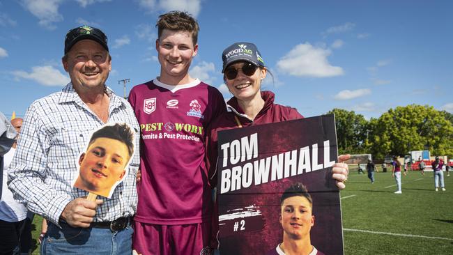 Troy and Karel Brownhall congratulate their son Tom Brownhall after Dalby won the U19 TRL grand final against Southern Suburbs at Toowoomba Sports Ground, Saturday, September 14, 2024. Picture: Kevin Farmer