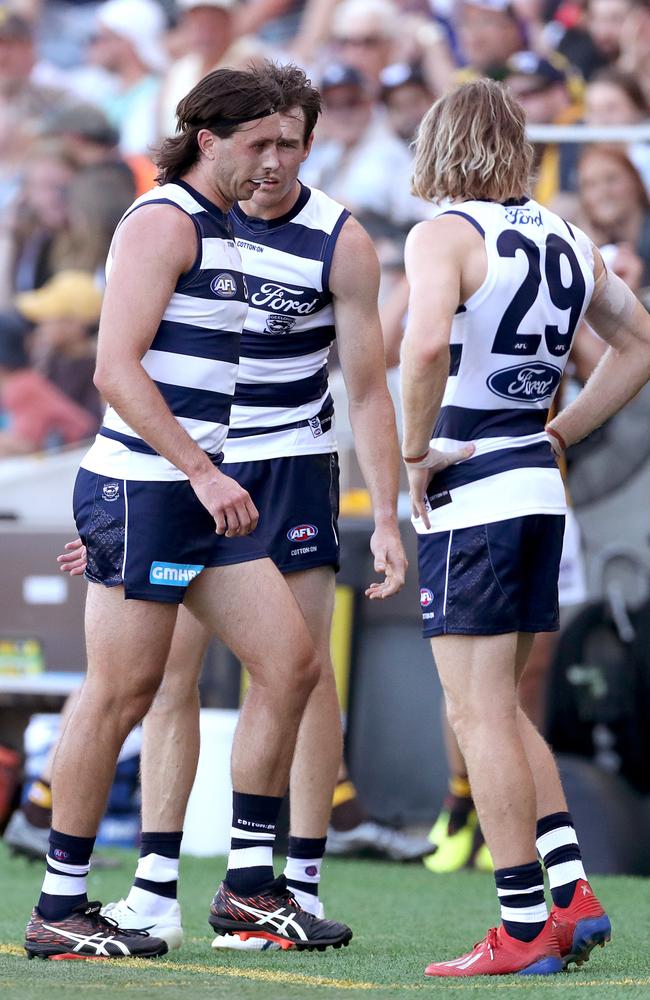 Jack Henry steps off the field with discomfort. Picture: Kelly Defina/Getty Images