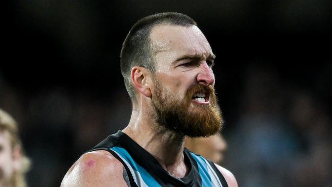 ADELAIDE, AUSTRALIA - APRIL 13:   Charlie Dixon of the Power   celebrates the final siren during the round five AFL match between Port Adelaide Power and Fremantle Dockers at Adelaide Oval, on April 13, 2024, in Adelaide, Australia. (Photo by Mark Brake/Getty Images)