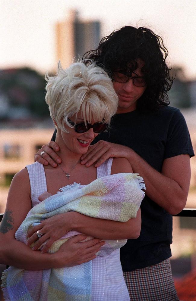  Singer Michael Hutchence from band INXS with TV personality girlfriend Paula Yates &amp; their daughter Heavenly Hiraani Tiger Lily in Sydney. Picture: Jeff Darmanin