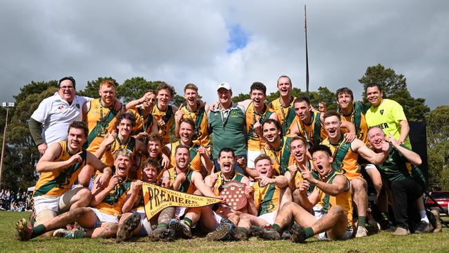 Ironbank Cherry Gardens celebrates its 2022 HFL country division B Grade flag. The club has voted in favour of merging with Bridgewater Callington at the senior level. Picture: Ironbank Cherry Gardens Football Club