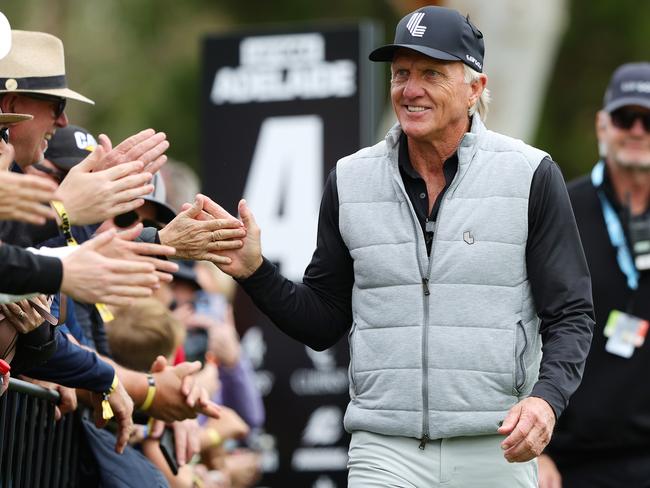 ADELAIDE, AUSTRALIA - APRIL 26: Greg Norman greets fans on the 4th tee during LIV Adelaide at The Grange Golf Club on April 26, 2024 in Adelaide, Australia. (Photo by Sarah Reed/Getty Images)