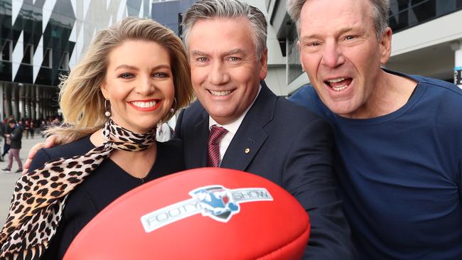 Rebecca Maddern and Sam Newman are welcoming Eddie McGuire back to The Footy Show. Picture: Alex Coppel.