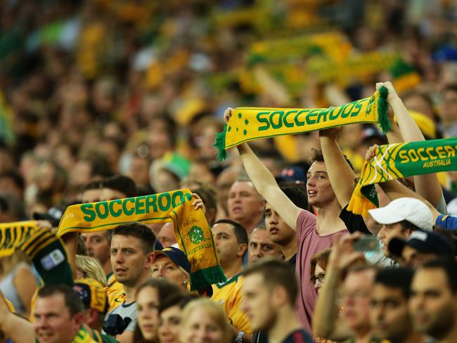 Socceroos fans during the Australia v Oman Asian Cup 2015 match at Stadium Australia, Sydney. Pic Brett Costello