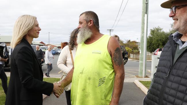 Rebecca White with Geoff Fletcher-Jones who wished her good luck. Labor leader Rebecca White votes at Sorell Hall with family. Tasmanian State Election 2024. Picture: Nikki Davis-Jones