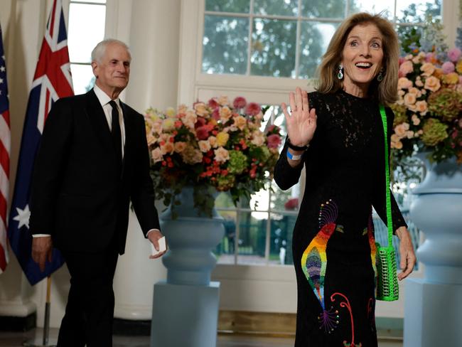 Caroline Kennedy, Ambassador of the United States to Australia and her husband Edwin Schlossberg arrive for the state dinner in honour of Anthony Albanese and Jodie Haydon. Picture: AFP